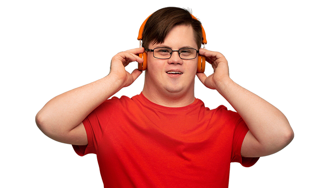 Happy person with Down syndrome listening to music, representing inclusive support