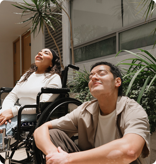 Two happy individuals, one in a wheelchair, enjoying sunlight and comfort, symbolizing independence and wellbeing